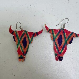 Bull Earrings Faux Leather Tribal Boho Southwest Cow‎ Dangle Big Statement Pink